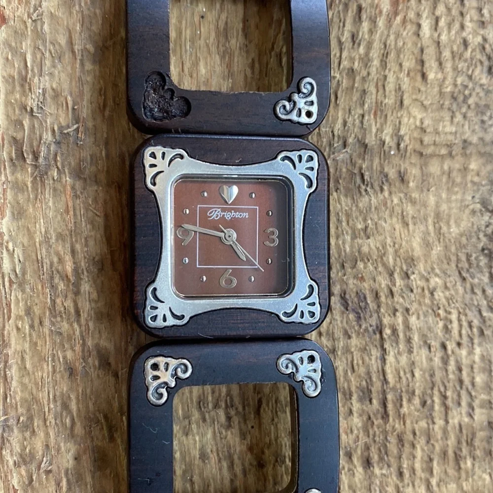 BRIGHTON Bellerive silver and wood etched square chunky link watch